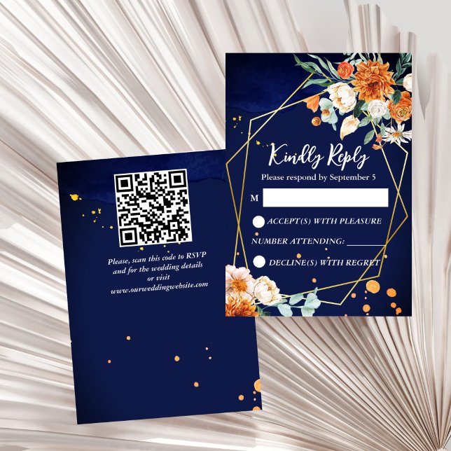 Navy blue orange white roses wedding RSVP Card (Navy blue orange white roses geometrical gold frame wedding RSVP card wedding invitation suite)