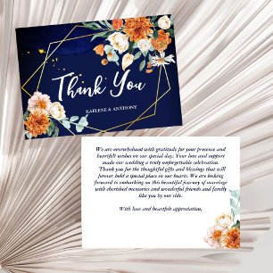 Navy blue orange white roses wedding thank you card