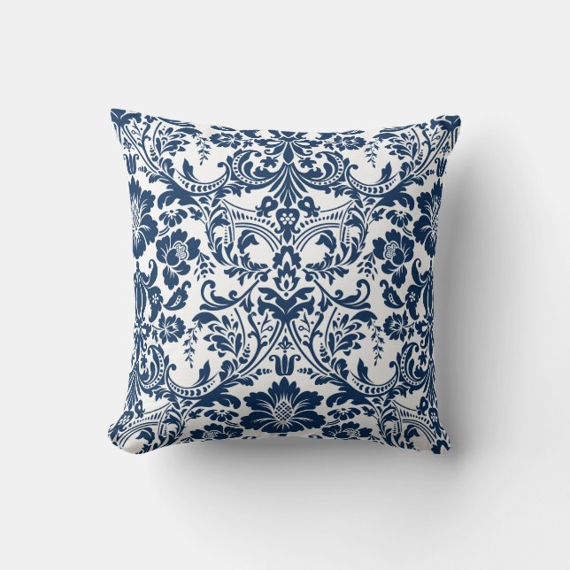 Navy Blue Ornamental Floral Damask Pattern Cushion (Front)