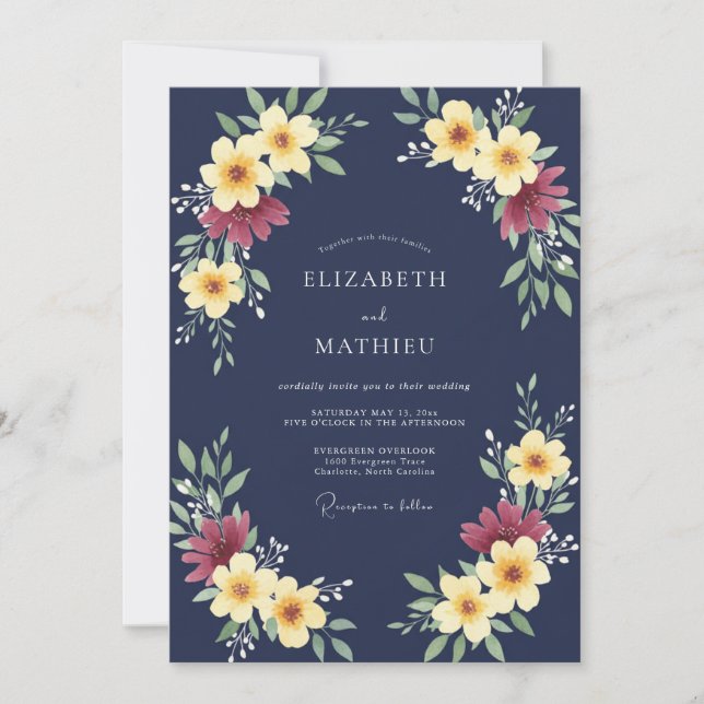 Navy Blue Ornate Autumnal Wedding Invitation (Front)