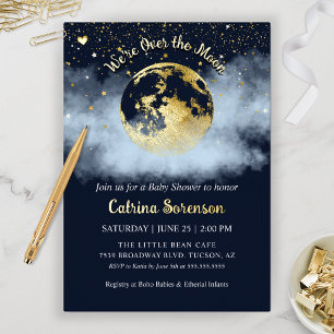 Navy Blue Over the Moon and Stars Gold Baby Shower