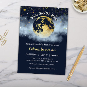 Navy Blue Over the Moon Celestial Gold Baby Shower Invitation