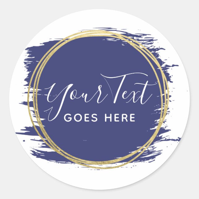 Navy Blue Paint Stroke & Modern Gold Geometric Classic Round Sticker (Front)