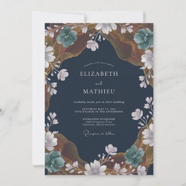 Navy Blue Painterly Orchard Wedding Invitation (Front)
