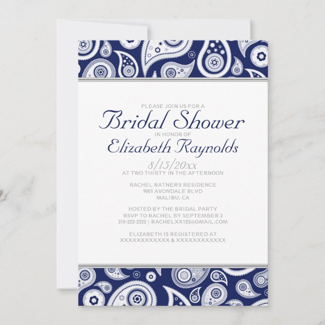 Navy Blue Paisley Bridal Shower Invitations (Front)