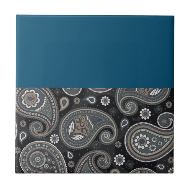 Navy blue paisley ceramic tile (Front)