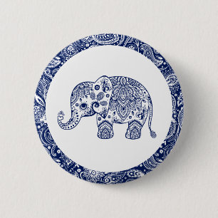 Navy Blue Paisley Elephant 6 Cm Round Badge