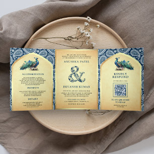 Navy Blue Paisley Indian Peacock QR Code Wedding Tri-Fold Invitation