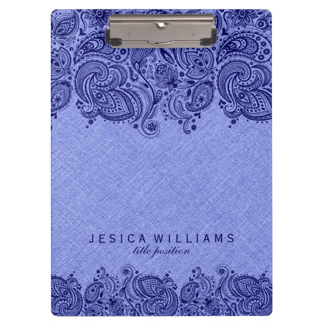 Navy Blue paisley Lace With Light Blue Faux Linen Clipboard (Front)