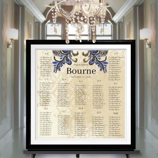 Navy Blue Paisley Peacock 150 guests alphabetical Poster (To see frame and mat pricing,  please choose your options.)