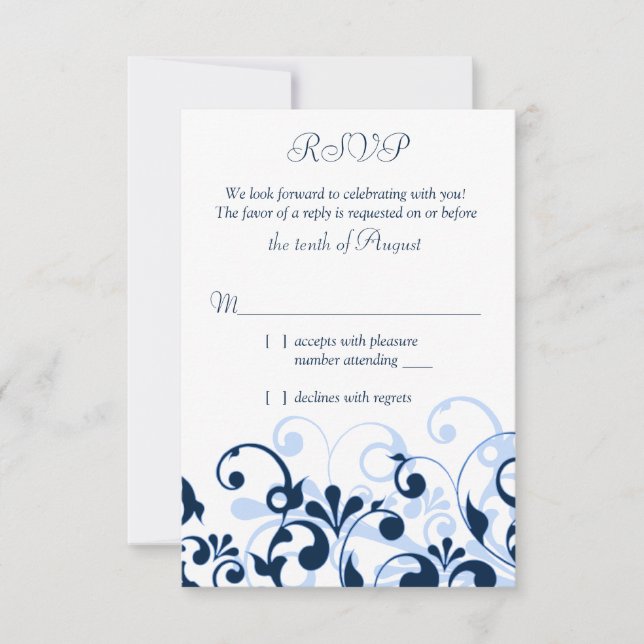 Navy Blue Pale Blue White Abstract Floral RSVP Card (Front)