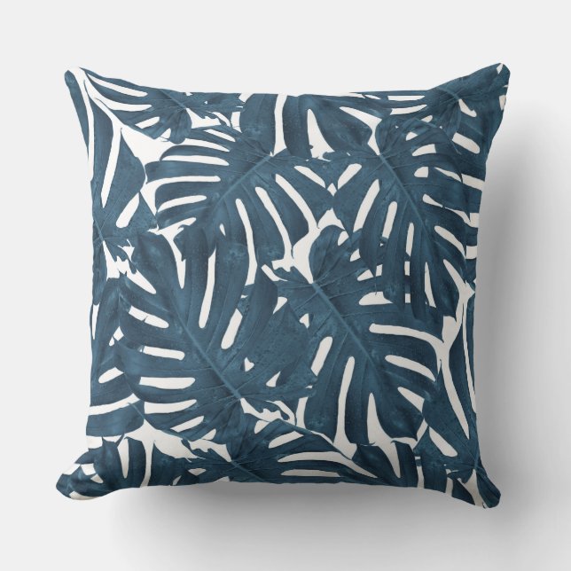 Navy blue palm leaves throw pillow (Front)