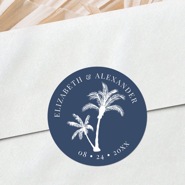 Navy Blue Palm Tree Beach Tropical Wedding  Classic Round Sticker (Creator Uploaded)