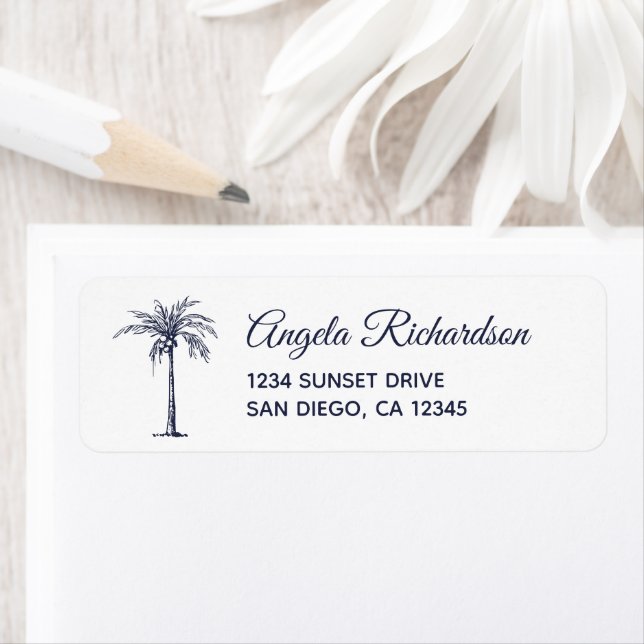 Navy Blue Palm Tree Beach Wedding Return Address Label (Insitu)