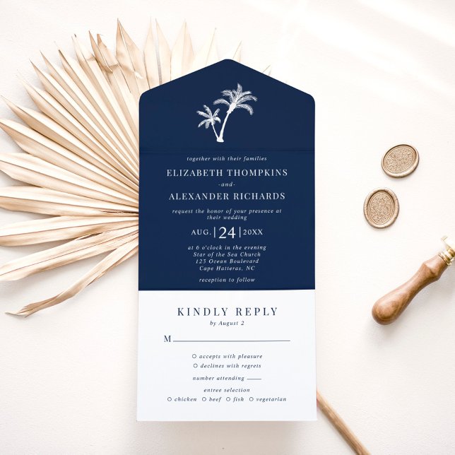 Navy Blue Palm Tree Tropical Beach Wedding All In One Invitation (Creator Uploaded)