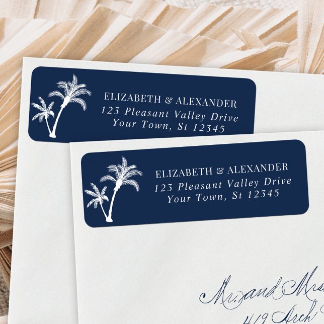 Navy Blue Palm Tree Wedding Return Address Label (Creator Uploaded)