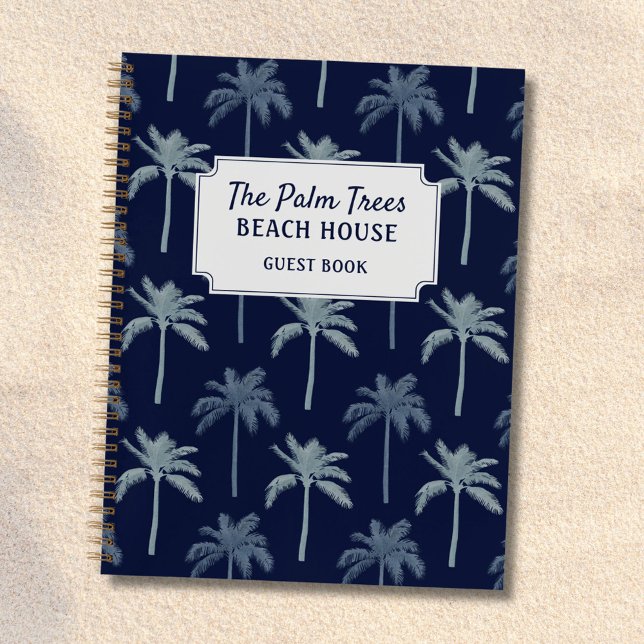 Navy Blue Palm Trees Beach House Guestbook Notebook (In situ)
