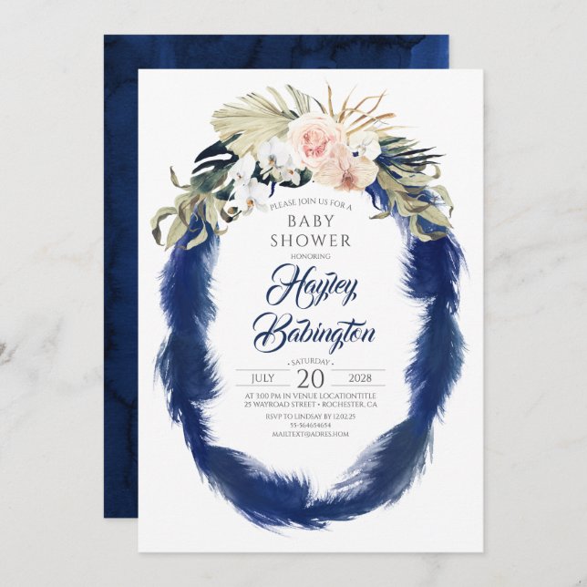 Navy Blue Pampas Grass Tropical Baby Shower Invitation (Front/Back)