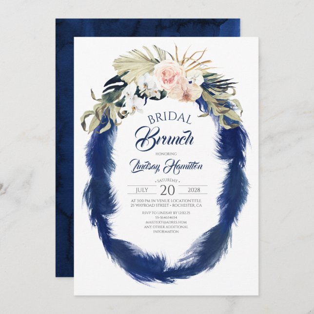 Navy Blue Pampas Grass Tropical Bridal Brunch Invitation (Front/Back)