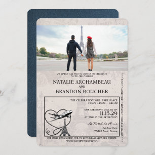 Navy Blue Paris Passport Wedding Invitation