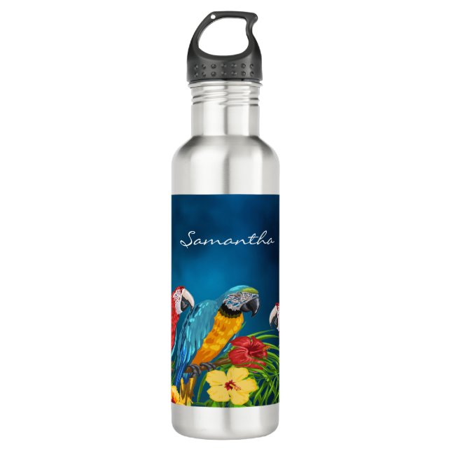 Navy blue parrots birds name script 710 ml water bottle (Front)