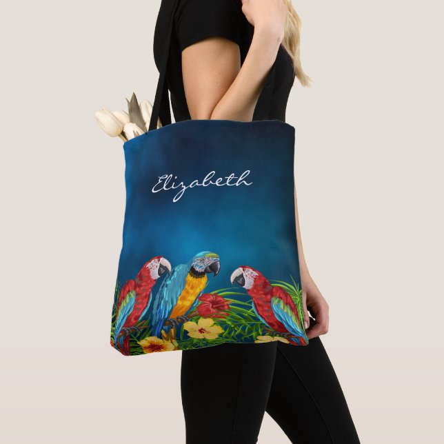 Navy blue parrots birds name script tote bag (Close Up)