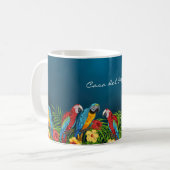Navy blue parrots leaves summer house name coffee mug (Front Left)