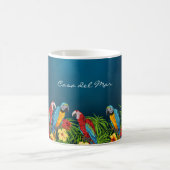 Navy blue parrots leaves summer house name coffee mug (Center)