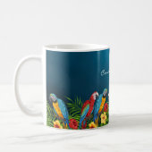 Navy blue parrots leaves summer house name coffee mug (Left)