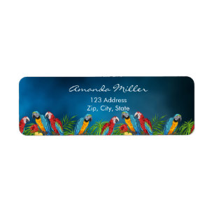 Navy blue parrots palm leaves return address label