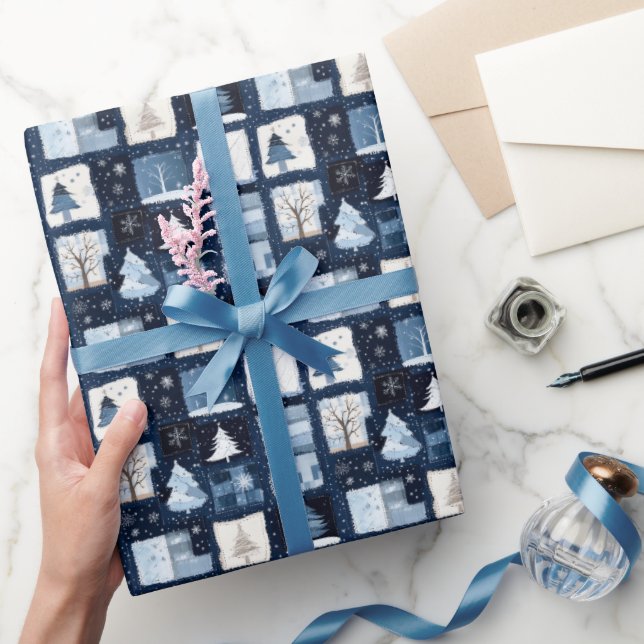 Navy Blue Patchwork Christmas Gift Wrapping Paper (Gifting)