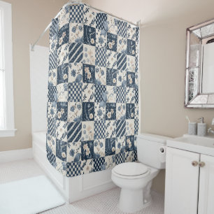 Navy Blue Patchwork Quilt Rustic Floral Retro Shower Curtain