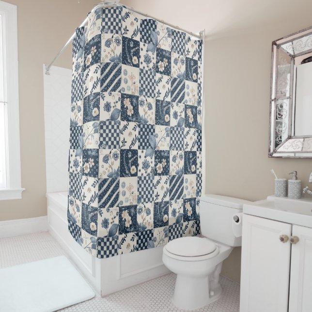 Navy Blue Patchwork Quilt Rustic Floral Retro  Shower Curtain (In Situ)