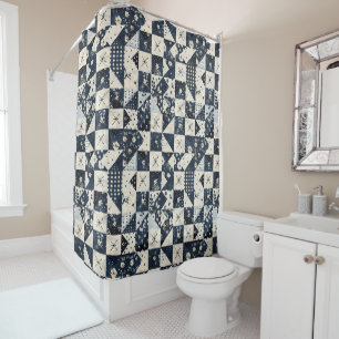 Navy Blue Patchwork Quilt Rustic Floral Retro Shower Curtain