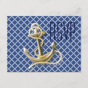 Navy Blue pattern anchor nautical wedding rsvp Invitation Postcard