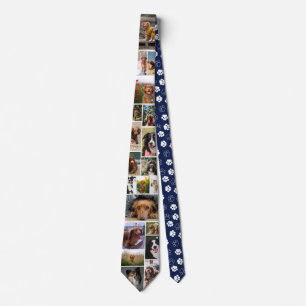 Navy Blue Paw Print Pattern Dog Photo Collage Tie
