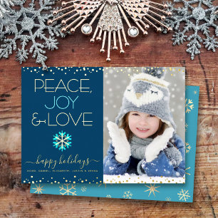 Navy Blue Peace Joy Love Photo Snowflake Real Gold Foil Holiday Card