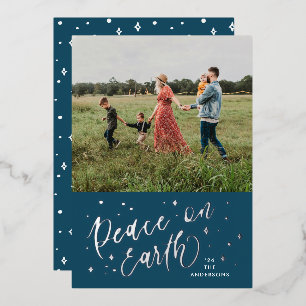 Navy Blue Peace on Earth Lettering Photo Silver Foil Holiday Card