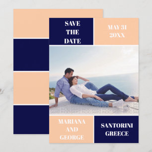 Navy blue, peach colour block wedding Save the Dat Date