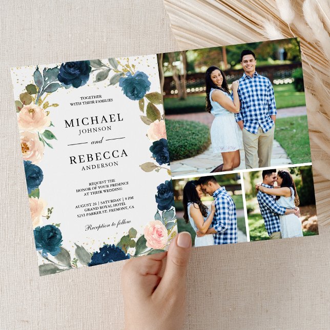 Navy Blue Peach Floral All in One QR Code Wedding Invitation (Creator Uploaded)