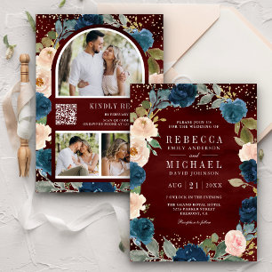 Navy Blue Peach Floral Burgundy QR Code Wedding Invitation