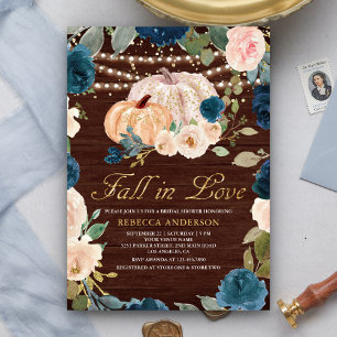 Navy Blue Peach Floral Pumpkin Wood Bridal Shower Invitation