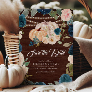 Navy Blue Peach Floral Pumpkin Wood Wedding Save The Date