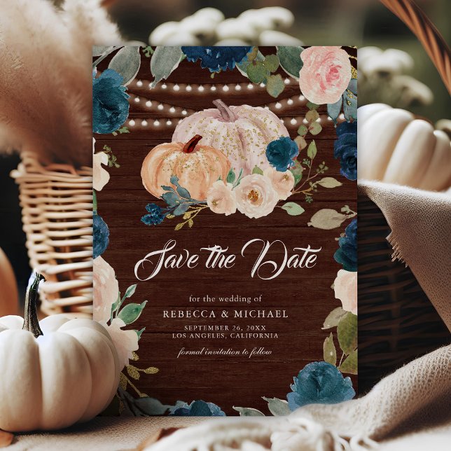 Navy Blue Peach Floral Pumpkin Wood Wedding Save The Date (Creator Uploaded)