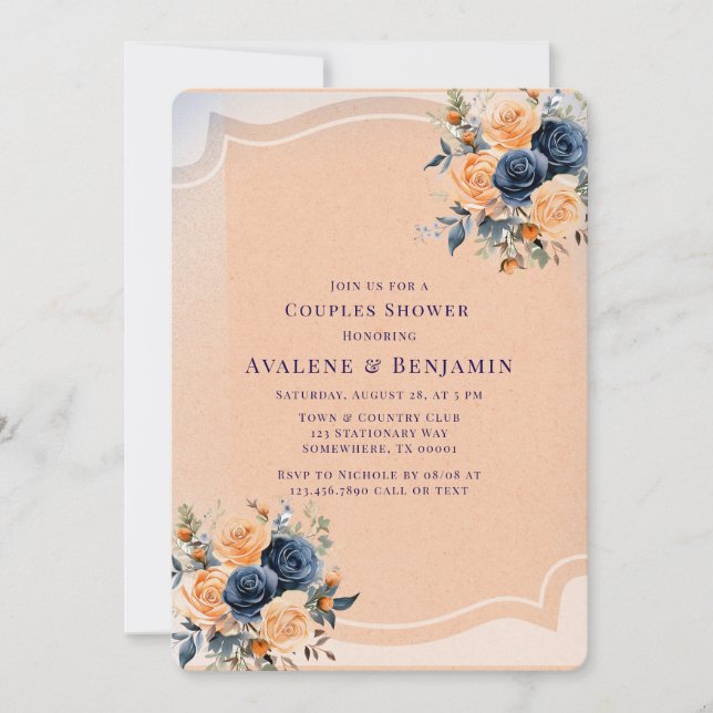 Navy Blue Peach Painted Floral Couples Shower Invitation (Front)