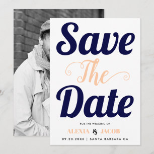 Navy blue, peach typography and photo on the back save the date