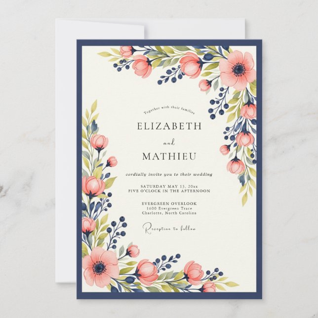 Navy Blue Peach Vibrant Spring Floral Wedding Invitation (Front)