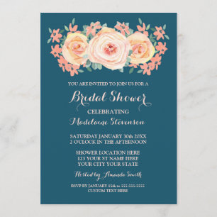 Navy Blue Peach Watercolor Floral Bridal Shower Invitation