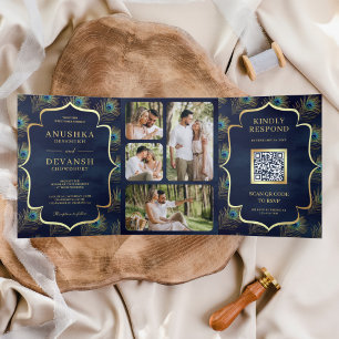 Navy Blue Peacock Feathers QR Code Wedding Tri-Fold Invitation