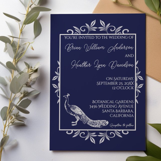 Navy Blue Peacock Flourish Wedding Invitation (Navy Blue Peacock Flourish Wedding Invitation)